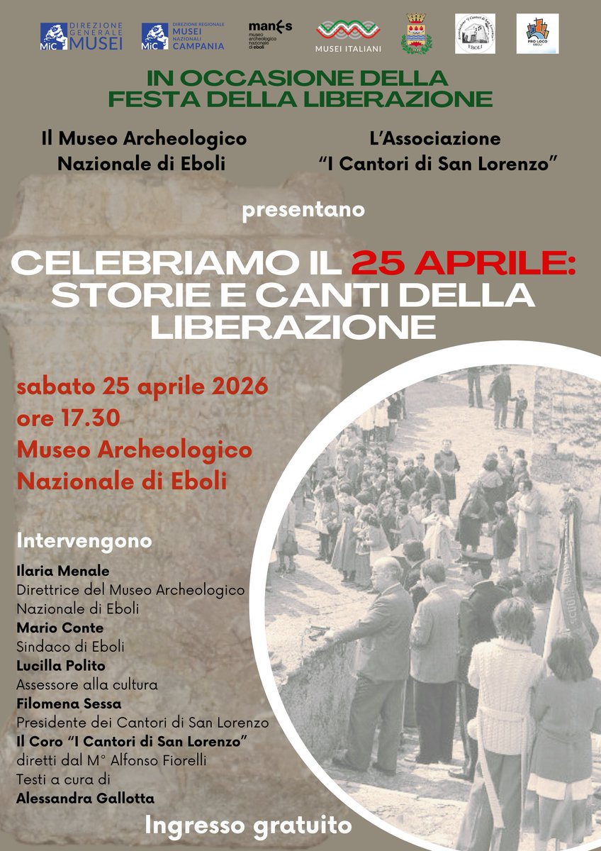 Museo_Eboli's tweet photo. Per la #festadellaliberazione  
👉 aperti straordinariamente e con ingresso gratuito h. 9/19 (ultimo ingresso h.18.30). 🆓🏛️
👉Alle h. 17.30  presentiamo lo spettacolo 
"Celebriamo il 25 aprile: storie e canti della liberazione" 
Non occorre la prenotazione.🆓🇮🇹
Vi aspettiamo🤗💗 https://t.co/f0PYYZLcJI