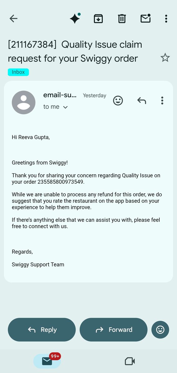 reeva_gupta's tweet photo. Ordered a cake from @Swiggy, received it in poor condition and not fresh. After eating it, my brother and I fell sick.
Raised a complaint with proof, but got no refund—only asked to rate the restaurant based on my experience. Disappointing service. Need action. #Swiggy https://t.co/5uSw4UEQGs