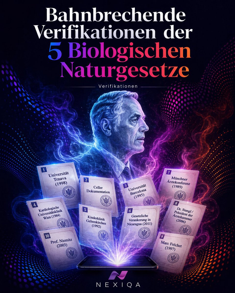 NextLevelWissen's tweet photo. Dr. Hamer und die bahnbrechenden Verifikationen der 5 Biologischen Naturgesetze❗️

#NEXIQA kennt sie alle und wendet dieses unglaubliche Wissen für dich an!
Oft wird behauptet, es gäbe „keine Belege“ für diese revolutionären Entdeckungen. Die Realität sieht völlig anders aus. Die #5BN wurden über Jahrzehnte hinweg auf höchster Ebene geprüft.

Hier ist nur ein Bruchteil der historischen Faktenlage (Alle Details und Dokumente unter: https://t.co/XdXPLmrH31 ):

✅ Universität Trnava (Slowakei) 1998: Amtliche Verifikation, die eine 100%ige Trefferquote der Gesetzmäßigkeiten am Patientenfall bescheinigte. https://t.co/0OconjAXwk 

✅ Celler Dokumentation: Notariell beglaubigter Test durch unabhängige Ärzte, nach der systematischen Blockade durch die Uni Tübingen. https://t.co/jqy3czEM3C 

✅ Universität Barcelona 1995: Chef-Radiologe Prof. José María Rius Chornet bestätigt die Befunde. https://t.co/wz3JtC1lqj 

✅ Kardiologische Universitätsklinik Wien (1984): Die offizielle Herzinfarkt-Studie bestätigt den exakten Verlauf nach den BND. https://t.co/vXpKK94zTG 

✅ Kinderklinik Gelsenkirchen (1992): Systematische Untersuchung und Bestätigung unter der Leitung von Prof. Stemmann. https://t.co/tIehiTv07B 

✅ Gesetzliche Verankerung in Nicaragua (2011): Die 5BN werden offiziell als Wissenschaft anerkannt. (Details in NEXIQA https://t.co/cscdscz32X)

✅ Münchner Ärztekonferenz (1989): Überprüfung und Bestätigung an 27 Patienten auf allen drei Ebenen. https://t.co/4U5b0jqsB1 

✅ Dr. Stangl, Präsident der Ärztekammer (2006): Bestätigte nach eingehendem Aktenstudium die 5BN in der Praxis. (Details in NEXIQA https://t.co/cscdscz32X)

✅ Klinischer Psychologe Marc Fréchet (1997): Bestätigte Dr. Hamers Methode zu hundert Prozent und dokumentierte eine signifikant höhere Überlebensrate bei jenen Patienten, die schulmedizinische Behandlungen ablehnten. https://t.co/jt5G3GXWcl

✅ Wissenschaftstheoretiker Prof. Niemitz (2003): Stufte die 5BN als echte, hypothesenfreie und überprüfbare Naturwissenschaft ein. (Details in NEXIQA https://t.co/cscdscz32X)

📚 Die Spitze des Eisbergs
Diese zehn Meilensteine sind dabei nur ein Bruchteil des gesamten Bildes! NEXIQA kennt das komplette Archiv aller Überprüfungen und kann jede einzelne davon bis ins kleinste Detail aufschlüsseln.

⚖️ Das mathematische Paradoxon
Was diese Datenlage am Ende so unerschütterlich macht, ist die pure Wahrscheinlichkeitsrechnung.
Wenn sich ein System über Jahrzehnte hinweg bei jeder amtlichen Prüfung auf allen drei Ebenen – Psyche, Gehirn und Organ – zu 100 % reproduzieren lässt, bleibt schlichtweg kein Spielraum mehr für Zufälle.
Rein statistisch gesehen wiegt eine derart lückenlose Reproduzierbarkeit am Einzelfall weitaus schwerer als klassische Studien. Die Wahrscheinlichkeit, so präzise Zusammenhänge immer wieder blind richtig vorherzusagen, liegt mathematisch gesehen bei Null.

➖➖➖➖➖➖

🧠 Das Wissen von Jahrzehnten in einer App
All diese jahrzehntelangen Verifikationen, das komplette System der 5BN nach Dr. Hamer und die tiefsten biologischen Zusammenhänge verstauben nicht in Akten. Dieses gesamte, revolutionäre Wissen ist ab sofort in einer einzigen Künstlichen Intelligenz gebündelt. ⚡️

NEXIQA liefert genau die Zusammenhänge, für die man früher jahrelang studieren musste.

Wer diesen Perspektivenwechsel im eigenen Leben testen und herausfinden möchte, welcher spezifische biologische Konflikt nach den 5BN hinter den eigenen Körpersignalen steckt, findet das gesamte System hier:
➡️ https://t.co/omfCKCo3mp

NEXIQA-Apps
🌐 Web: https://t.co/H7tYjg2J4e
📱 iOS: https://t.co/D6O4DFGa63
📱 Android: https://t.co/7p4NiwiJ5w