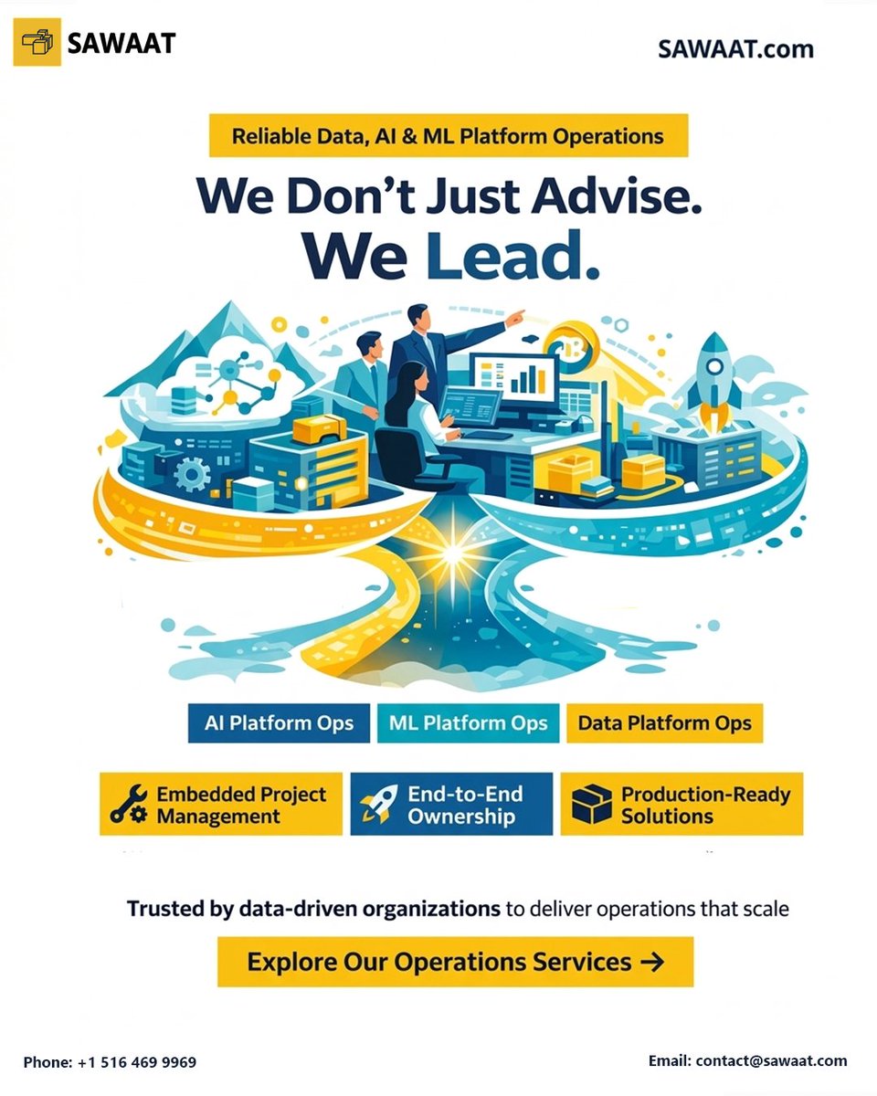 sawaat_corp's tweet image. Consultants advise, we execute. 🚀

SAWAAT embeds into your team to own Data, AI &amp;amp; ML ops end-to-end—building reliable, scalable, production-ready platforms.

Turn data into your competitive edge.

#AIOps #MLOps #Data #AI #TechLeadership #DataOperations