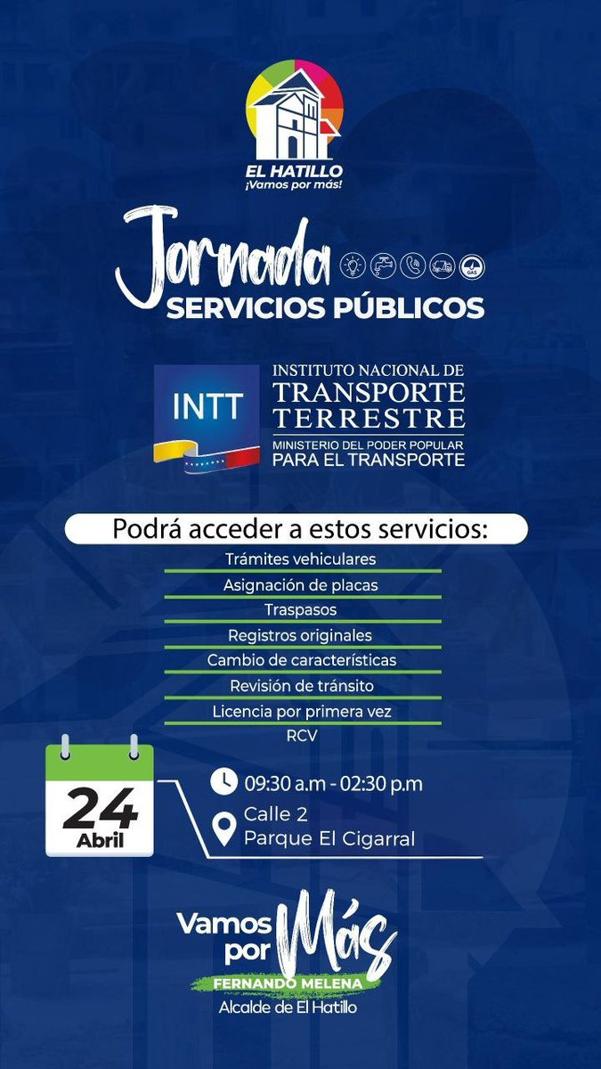 ServiciosEH's tweet photo. 📢 #ServiciosEHInforma #INTT 🚗📄

¡Atención, vecino!
El próximo viernes #24Abr se llevará a cabo una nueva jornada de servicios públicos por parte del INTT, facilitando a nuestros vecinos la gestión de diversos trámites vehiculares sin tener que salir del municipio. https://t.co/mH01FusXqT