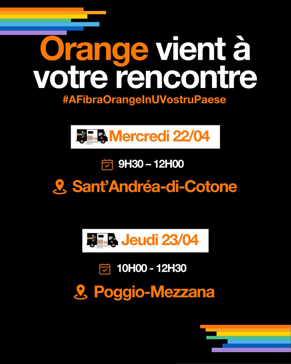 OrangeCorse's tweet image. 🚚 Le camion @OrangeCorse passe près de chez vous !

📍 Sant’Andrea di Cotone 
🗓️ Mercredi 22/04
🕑 9h30 à 12h00

📍Poggio Mezzana 
🗓️ Jeudi 23/04
🕑 10h00 à 12h30

Une question sur la #fibre ou votre forfait #mobile ? 

Nos conseillers sont là pour vous guider !
Passez les voir