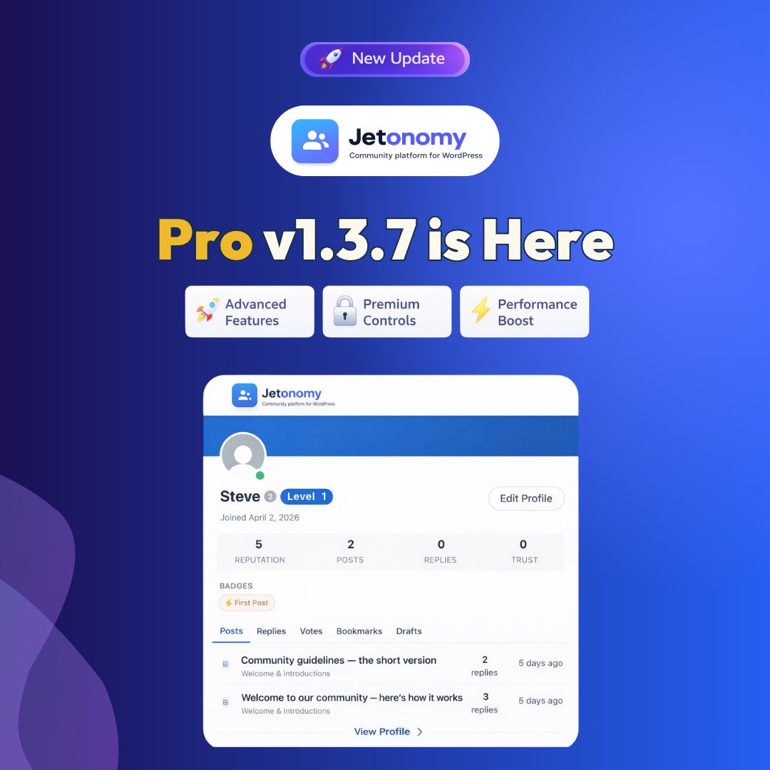 wbcomdesigns's tweet image. 🚀 Jetonomy Pro v1.3.7 released.
Improves messaging with recipient typeahead, fixes reactions and polls UX, and strengthens conversation security.

🔗 wbcomdesigns.com/changelog/jeto…

#WordPress #PluginUpdate #WbcomDesigns #Forum
