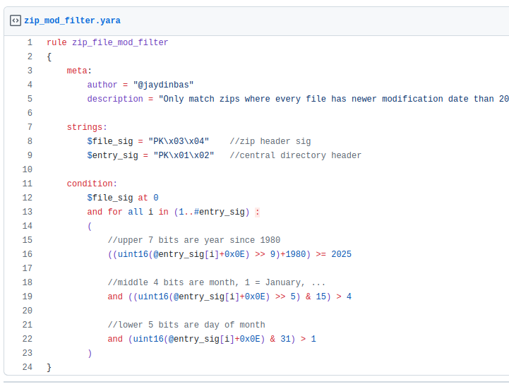 jaydinbas's tweet photo. YARA rule to filter for zips in which all files are newer than some date

https://t.co/Rn65l0wNM9 https://t.co/Oqqq7T6vbb