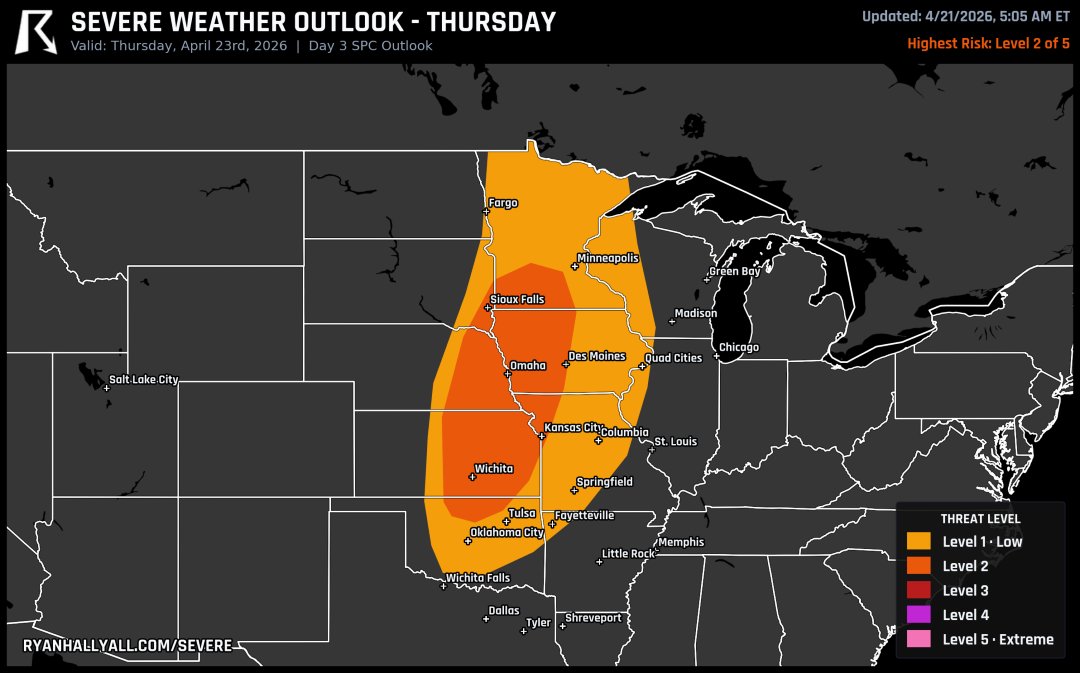 ryanhallyall's tweet photo. Severe thunderstorms capable of very large hail and damaging winds are possible across the central U.S. on Thursday.

Have a way to receive weather alerts on Thursday and identify a safe room in case a warning is issued for your area. https://t.co/sMdTwFNEqd