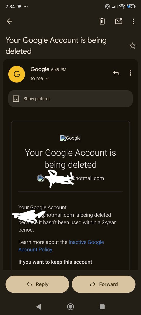 hyoukami's tweet photo. @Google Is this some kind of scam attempt? I got this email from "Google" informing that my google account being deleted but this is sent to my HOTMAIL address and use that hotmail address as 'google account'. Please don't let scammer to use google to scam people. https://t.co/GCSWP27wBx