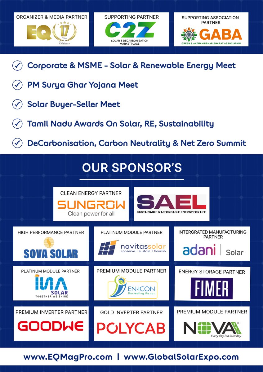 EQMagPro's tweet image. Coimbatore – Global Solar Expo Tamil Nadu

lnkd.in/dk7exxRu

@Sungrow_Power SEALLtd. @SovaSolar @SolarNavitas @AdaniSolar @insolationenrgy IconSolarEn @FIMER_MA_Solar @GoodWePower @PolycabIndia  @NovasysG 

#EQ #TamilNadu #GlobalSolarExpo #KusumMeet #Conference #Awards