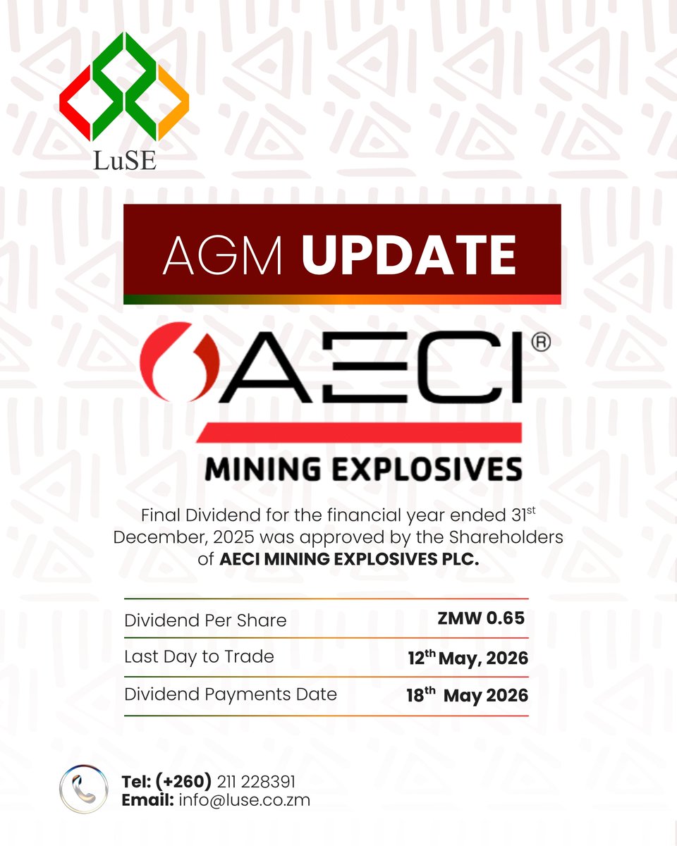 LuSE_Plc's tweet image. AECI Mining Explosives shareholders approved a Final Dividend of ZMW0.65/share for FY2025. 
Last day to trade: 12 May  
Record date: 15 May 
Payment: ~18 May 2026. 
Update bank details with Corpserve: info@corpservezambia.com.zm
Full notice 👉 luse.co.zm/sens-category/… #LuSE #AECI