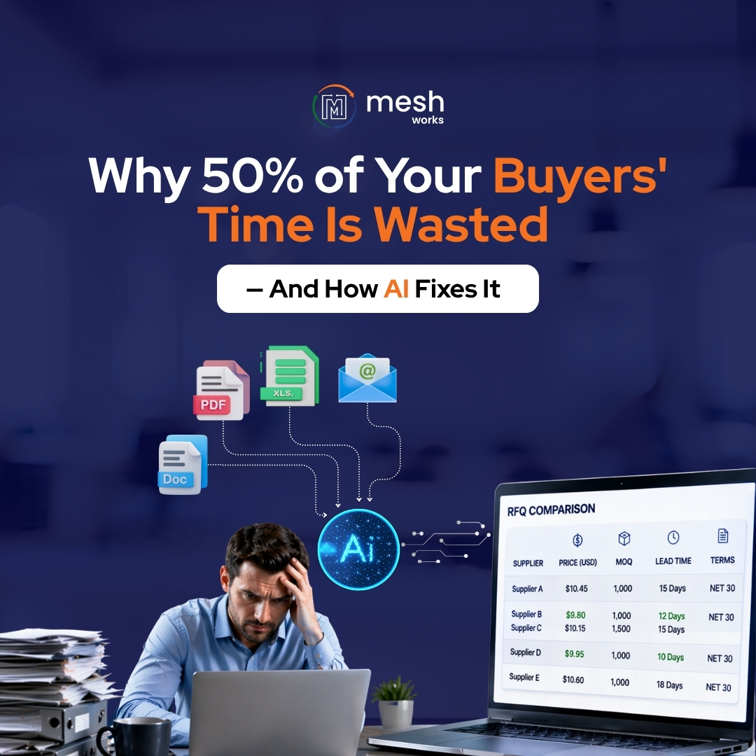 MESHsourcing's tweet image. Your buyers were hired to negotiate &amp;amp; strategize.
They're spending 4+ hours per RFQ copying data from PDFs into spreadsheets.

AI fixes this — entirely.
Here's where the time actually goes (&amp;amp; how to get it back) 👇 meshworks.com/why-50percent-…

#Procurement #Sourcing #AI #SupplyChain