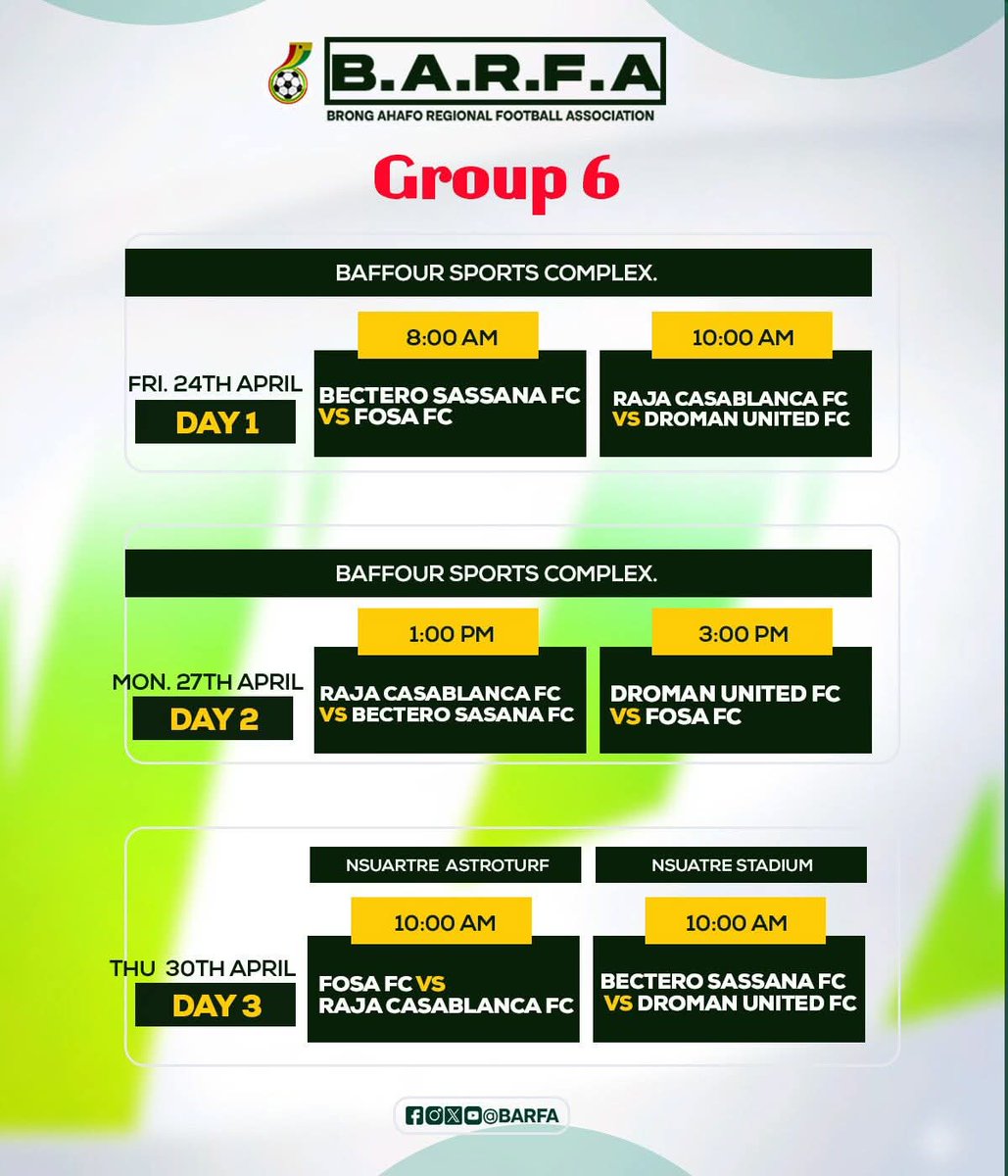 BecteroS's tweet image. Our BARFA Middle league, 2025/2026 schedules 
Venue: Baffour Sports Complex, Nsoatre

#becterosasanafc 
#BringItON 
#barfamiddleleague2026