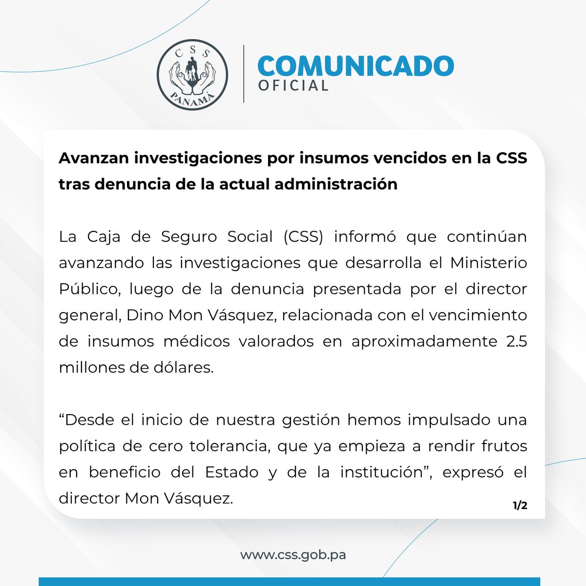 CSSPanama's tweet photo. #ComunicadoCSS | Avanzan investigaciones por insumos vencidos en la CSS tras denuncia de la actual administración. https://t.co/pTh5dUfHx0