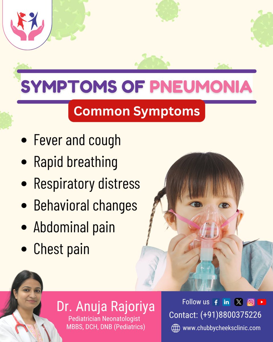 chubbykidclinic's tweet image. Pneumonia can affect little ones quickly—knowing the signs can make all the difference. ⚠️

Don’t ignore breathing difficulties—your child’s health needs timely care. 💙
-
Dr. Anuja Rajoriya
👩‍⚕ Pediatrician | Neonatologist
.
.
#DrAnujaRajoriya #ChubbyCheeksClinic #Pneumonia