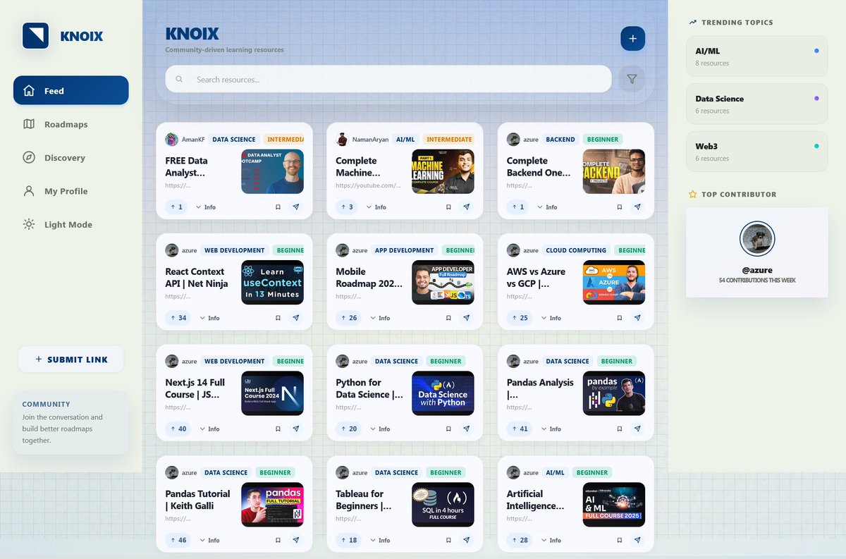 's tweet image. 847 “watch later” tabs you’ll never open.

KNOIX fixes it: community roadmaps, curated resources, daily discovery.

PWA — install in 1 click. knoix.in 

#buildinpublic #indiedev #webdev #PWA,#Edtech