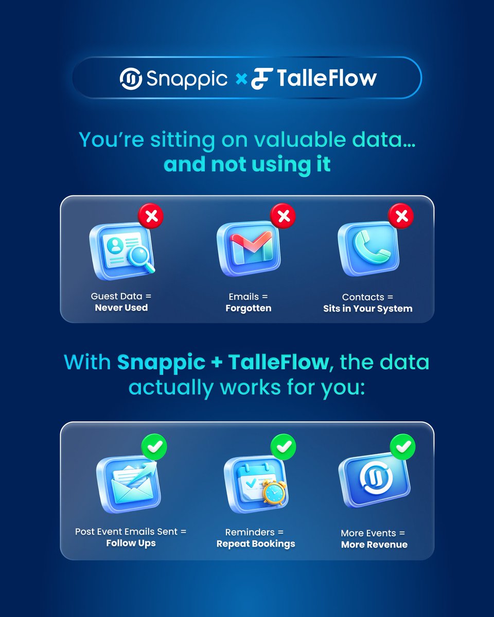 What happened to the leads from your last event?

Emails collected. Guests loved it. “We’ll be in touch.”
If the answer is “not sure”… you’re losing bookings.

Capture data with Snappic. Turn it into bookings with TalleFlow. See how: app.talleflow.com/signup
