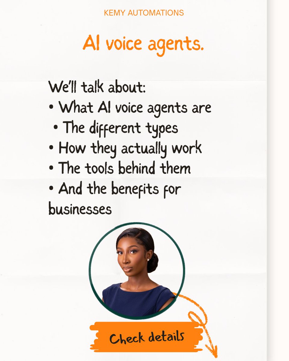 KemyTechLab's tweet photo. How's your day going? 

Let’s keep it simple and fun! I’ll break down my core skills, starting with AI Voice Agents. 

Here’s what we’ll cover:
• Definition
• Types
• Functionality
• Tools
• Business benefits

More details in the comments 👇 

Excited to share this journey! https://t.co/dHgSCxEdvB