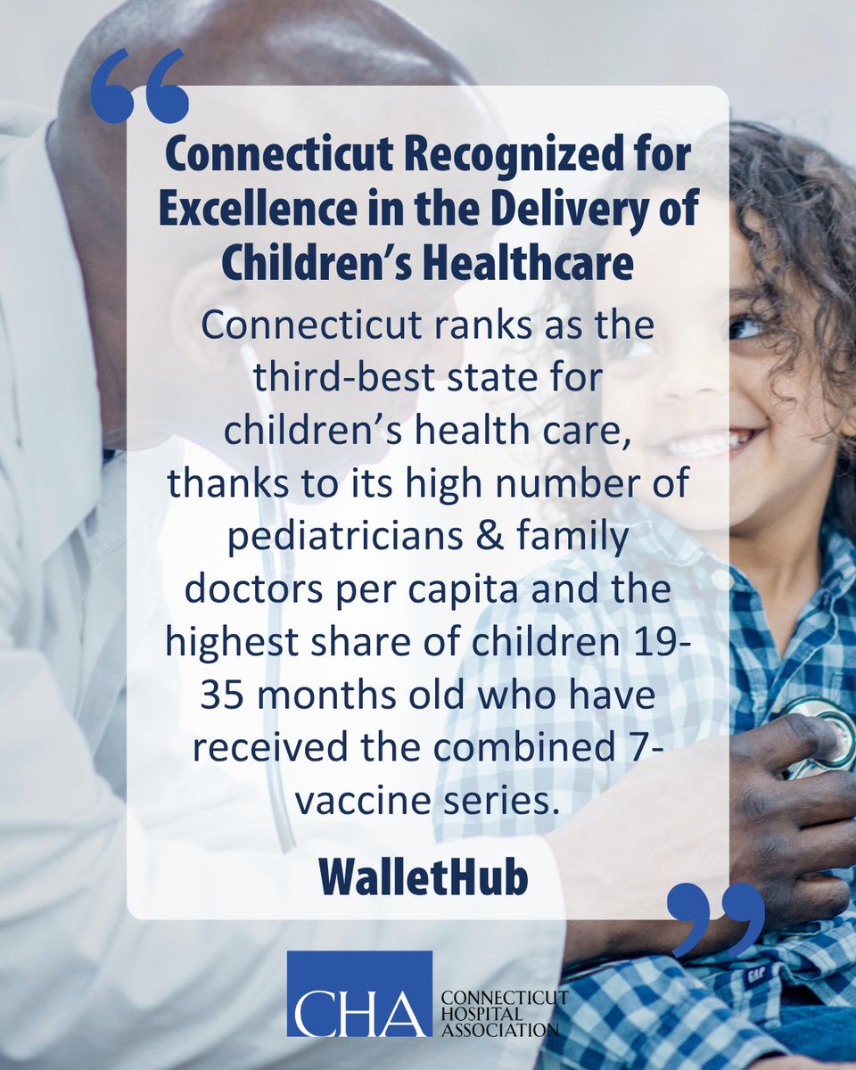 cthosp's tweet photo. The state of Connecticut has once again been named as one of the best in the nation for healthcare — this time for children! 🩺💙@wallethub ranks CT 3rd in the country 👉https://t.co/SdaUyuJE5l https://t.co/lMgxdSWK50