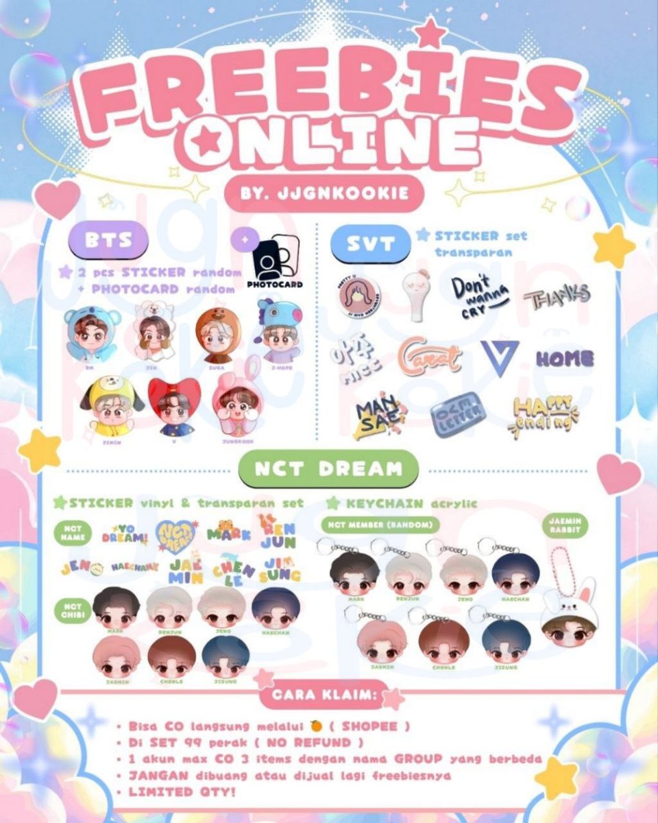 jjgnkookie's tweet image. 🔁 and 💜 are appreciated 

Helow #ARMY #NCTZEN #CARAT

Ada sedikit freebies nih buat kalian 
Bisa CO di 25.4 atau hari ini

💸 Only 99 perak 
🎀 1 akun max co 3 item dengan group kpop yang berbeda 
🐾 Bisa langsung co s.shopee.co.id/2LUXYx6nK3

#BTS #NCT #SVT #Freebies