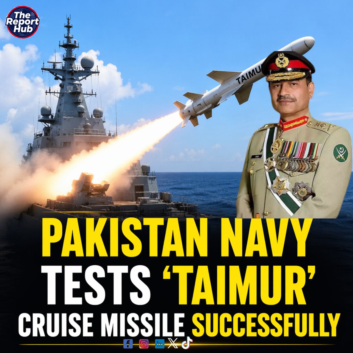 TheReportHub's tweet image. Karachi Pakistan Navy has successfully test-fired cruise missile "Taimur".
According to ISPR, the public relations department of the Pakistan Army, the missile hit the target accurately from the air to the sea.
#PakArmy #PakNavy #armychief #Pakistan #middleeastconflict