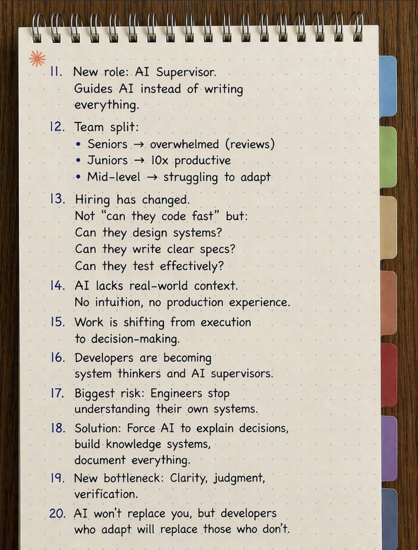 ronakrahane's tweet photo. Watched a video by Axel Miss on how AI changed his dev team in 6 months.

These insights have been incredibly helpful as I build my first AI SaaS - so I documented them. 
Many developers are still not adapting to this shift.

Here’s the breakdown:

~ Source: Axel Miss (YouTube) https://t.co/2nSATzlXQg
