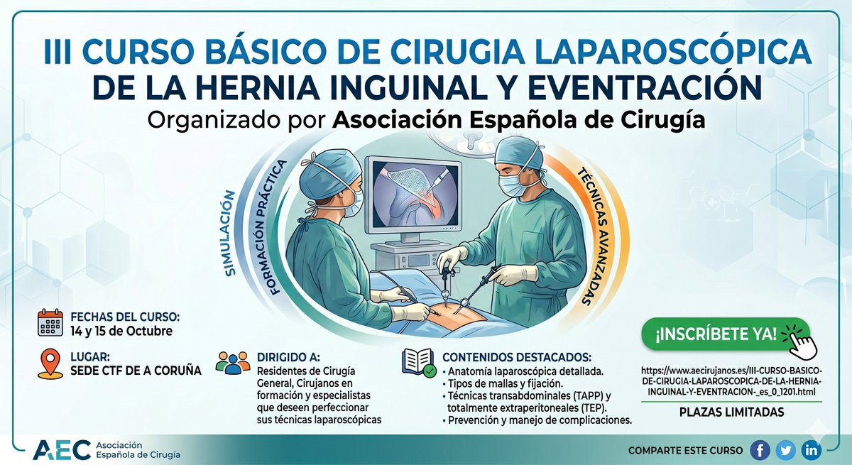 aecirujanos's tweet image. ¡Formación práctica de alto nivel para cirujanos!👨‍⚕️👩‍⚕️
Abierta la inscripción para el Curso Básico de Cirugía Laparoscópica de #Hernia Inguinal y #Eventración 
📅14-15 Octubre 
📍Sede CTF A Coruña✅R4-R5 y Especialistas 
⚠️Plazas limitadas
Inscríbete aquí: aecirujanos.es/III-CURSO-BASI…