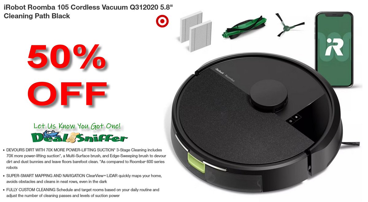 dealsniffer's tweet image. 🎆 50% OFF iRobot Roomba 105 Cordless Vacuum 🧹
mavely.app.link/zxK0lvFgw2b 🔗
#iRobot #Roomba #iRobotRoomba #RobotVacuum #cleanhouse #cleaning #target #giftideas