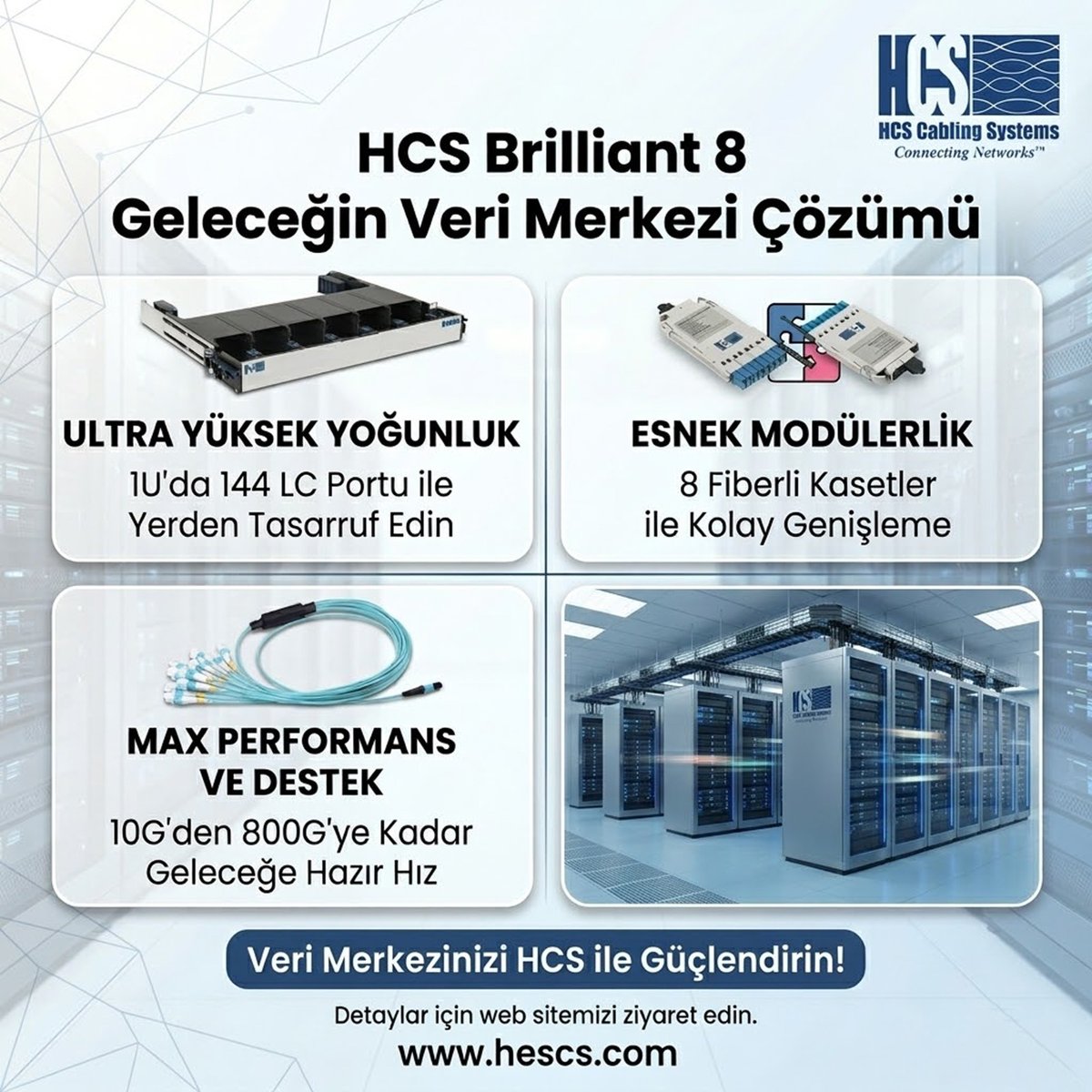 HESCS's tweet image. HCS'nin Brilliant Fiber çözümleri kurulumu basitleştirir ve performansı bir üst seviyeye taşır.  Veri merkezinizi HCS Brilliant ile güçlendirin! #hcs #brilliant #datacenter #mtp #mpo #800Gbps #singlemode #multimode