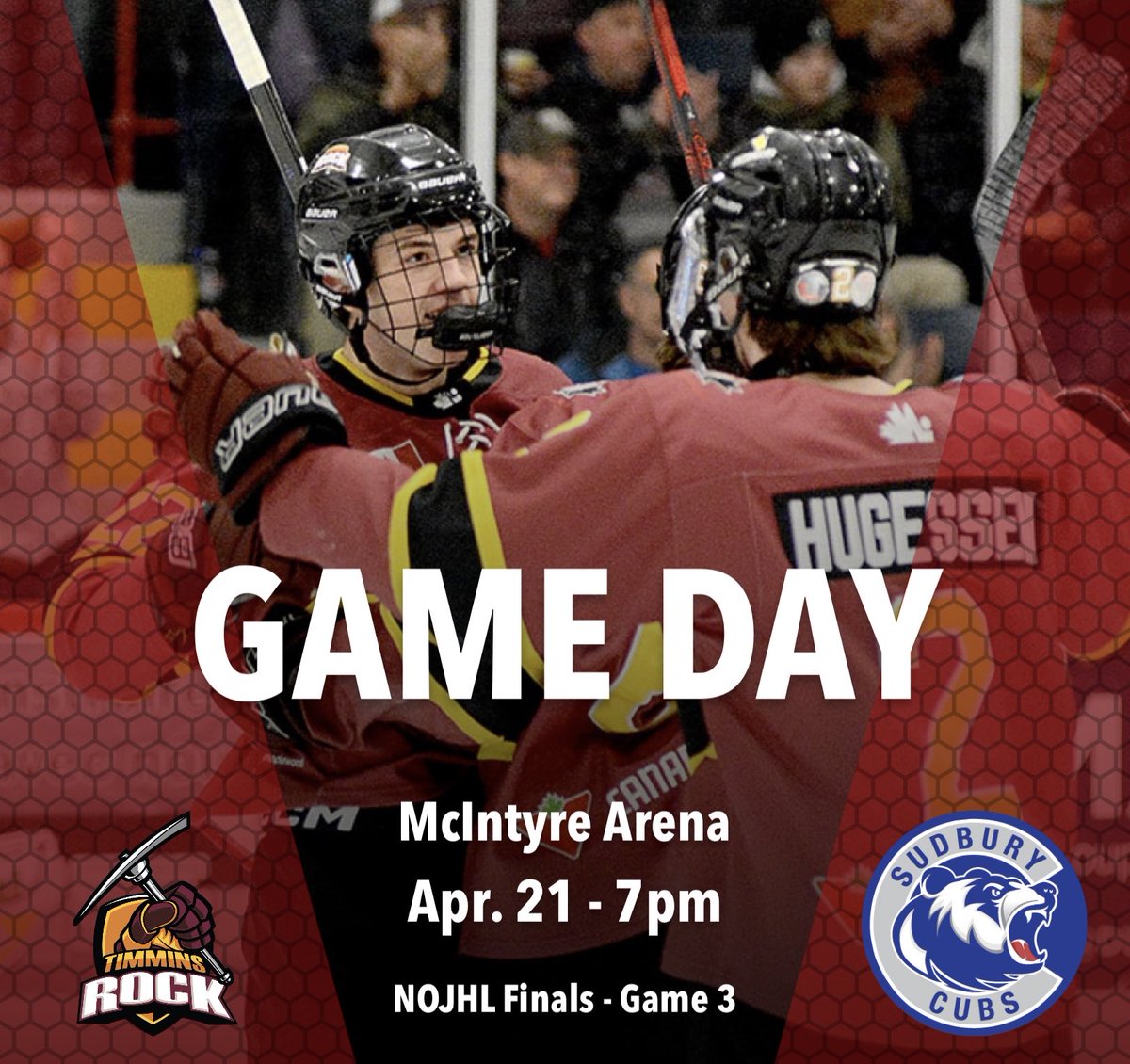 TimminsRock's tweet image. 📣 ITS PLAYOFF GAME DAY! 🏠

Your Timmins Rock are back in action tonight as they host the Greater Sudbury Cubs in Game 3 of the #NOJHL Finals - puck drop is 7pm🏒

We need you Timmins! Let’s #PackTheMac
🎟️timminsrock.com/tickets
🎙️Andrew Autio &amp;amp; Jason Kelly
🖥️FloHockey
#GoRockGo