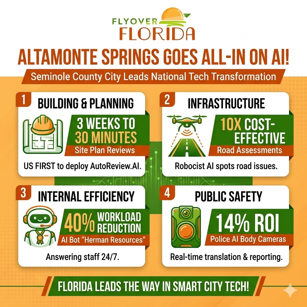 FlyoverFlorida's tweet photo. 🤖 The Future is Here: Altamonte Springs Goes All-In on AI! 🚀

Seminole County is officially on the map as a national leader in digital transformation. City Manager Frank Martz is spearheading a massive tech overhaul in Altamonte Springs, using Artificial Intelligence to make local government faster, cheaper, and more efficient.

Check out how they're changing the game:

🏗️ Lightning-Fast Planning: By partnering with https://t.co/V2dkBbdhbl, site plan reviews that used to take 3 weeks now take just 30 minutes. Altamonte is the first city in the U.S. to deploy this tech!

🛣️ Smarter Roads: Using Robocist technology, the city identifies potholes and cracks 10x more cost-effectively than traditional methods.

🤖 "Herman Resources": An internal AI bot now handles 40% of a full-time employee's workload, answering staff questions 24/7 so humans can focus on complex tasks.

👮 High-Tech Policing: Axon body cameras now provide real-time translation and automated reporting, saving officers time and already yielding a 14% return on investment.

Altamonte Springs is proving that cutting-edge tech isn't just for Silicon Valley—it’s for the Sunshine State! ☀️

What do you think about using AI to run city services? Let us know in the comments! 👇

You can read more here: https://t.co/XoXTrOWv1F

#AltamonteSprings #SeminoleCounty #FloridaTech #Innovation #ArtificialIntelligence #SmartCity #FlyoverFlorida