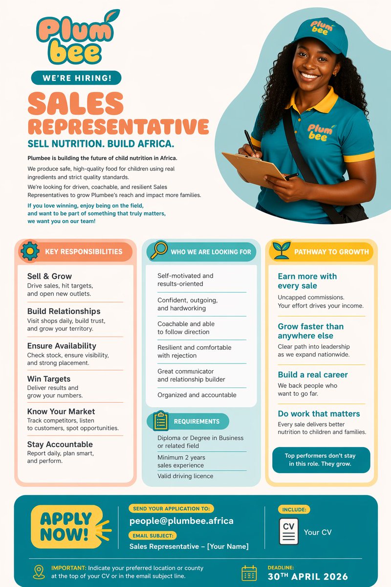Plumandbee's tweet photo. Plumbee is hiring regional sales representatives to help us bring nutritious food closer to families, grow distribution, and build strong customer relationships.
If you’re results-driven and enjoy working on the ground, we’d love to hear from you.
See poster below for details. https://t.co/464WJGg6f9