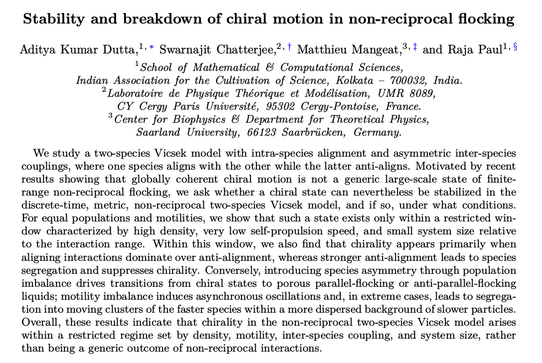 MatthieuM64's tweet photo. New preprint on https://t.co/92UcfTv4zo: Stability and breakdown of chiral motion in non-reciprocal flocking by A. K. Dutta, S. Chatterjee, M. Mangeat, R. Paul #physics #theoreticalphysics #statisticalmechanics #activematter
@swarnajitC https://t.co/CL1ENqEgRw