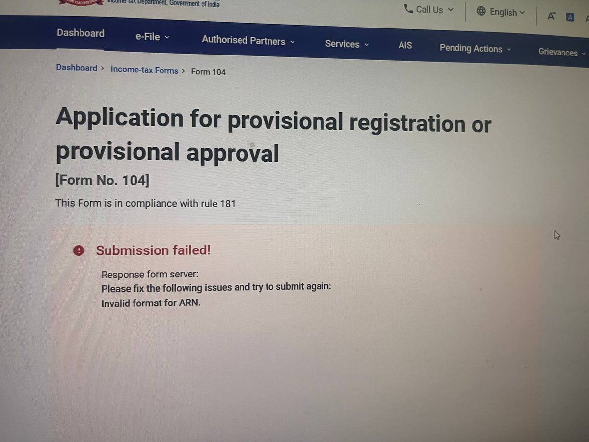 auditorUMS's tweet photo. Dear @IncomeTaxIndia,

I have filed Form 104, but it is not getting submitted due to an error.
I kindly request you to look into this issue and resolve it at the earliest.
Thank you. https://t.co/KcO6WK7haA