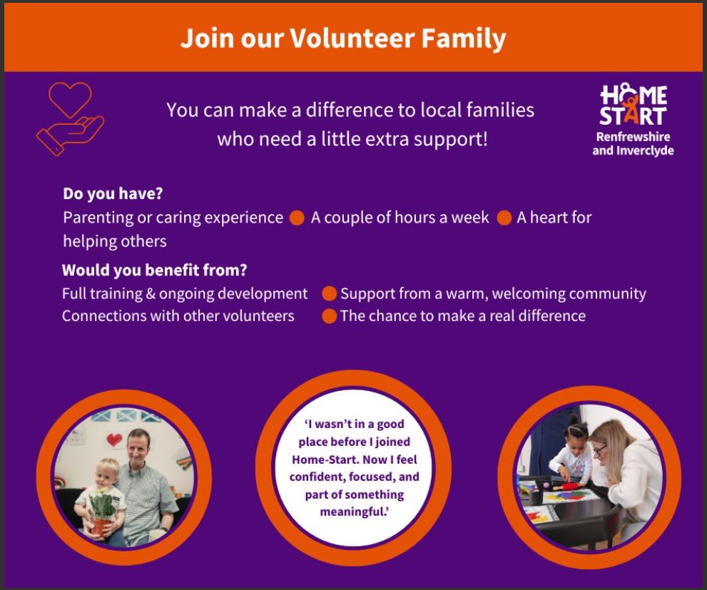 clydeview_a's tweet image. 💛 Home-Start Renfrewshire &amp;amp; Inverclyde are looking for volunteers! Next training starts 5th May in Greenock — 8 sessions, 3 hours each. Parents, grandparents &amp;amp; carers all welcome. 📧 volunteer@hsri.org.uk | 📞 01475 603441 #Greenock #Inverclyde #Volunteering
