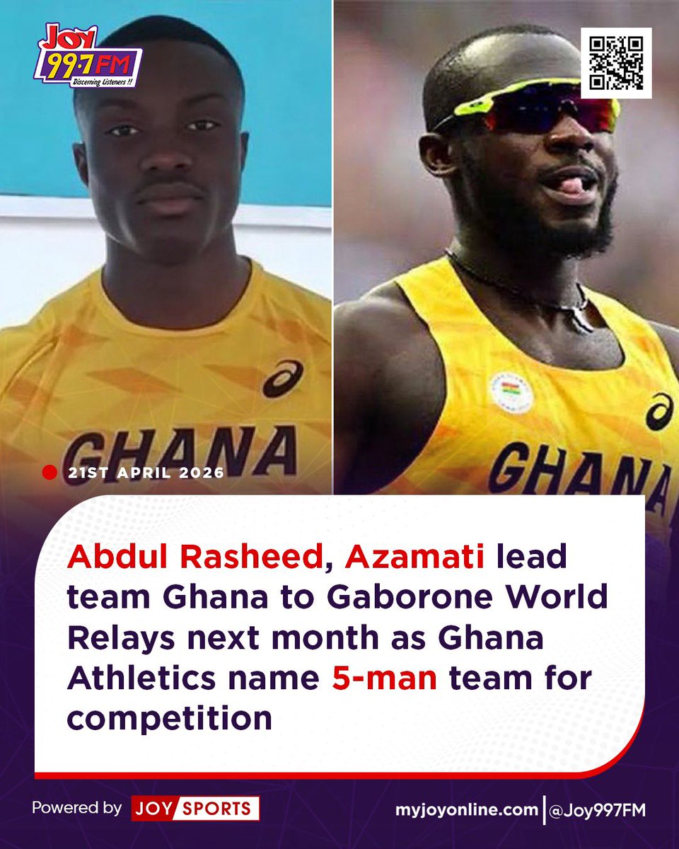 JoySportsGH's tweet image. Abdul Rasheed, Azamati lead team Ghana to Gaborone World Relays next month as Ghana Athletics name 5-man team for competition

myjoyonline.com/amoah-saminu-a…

#JoySports
