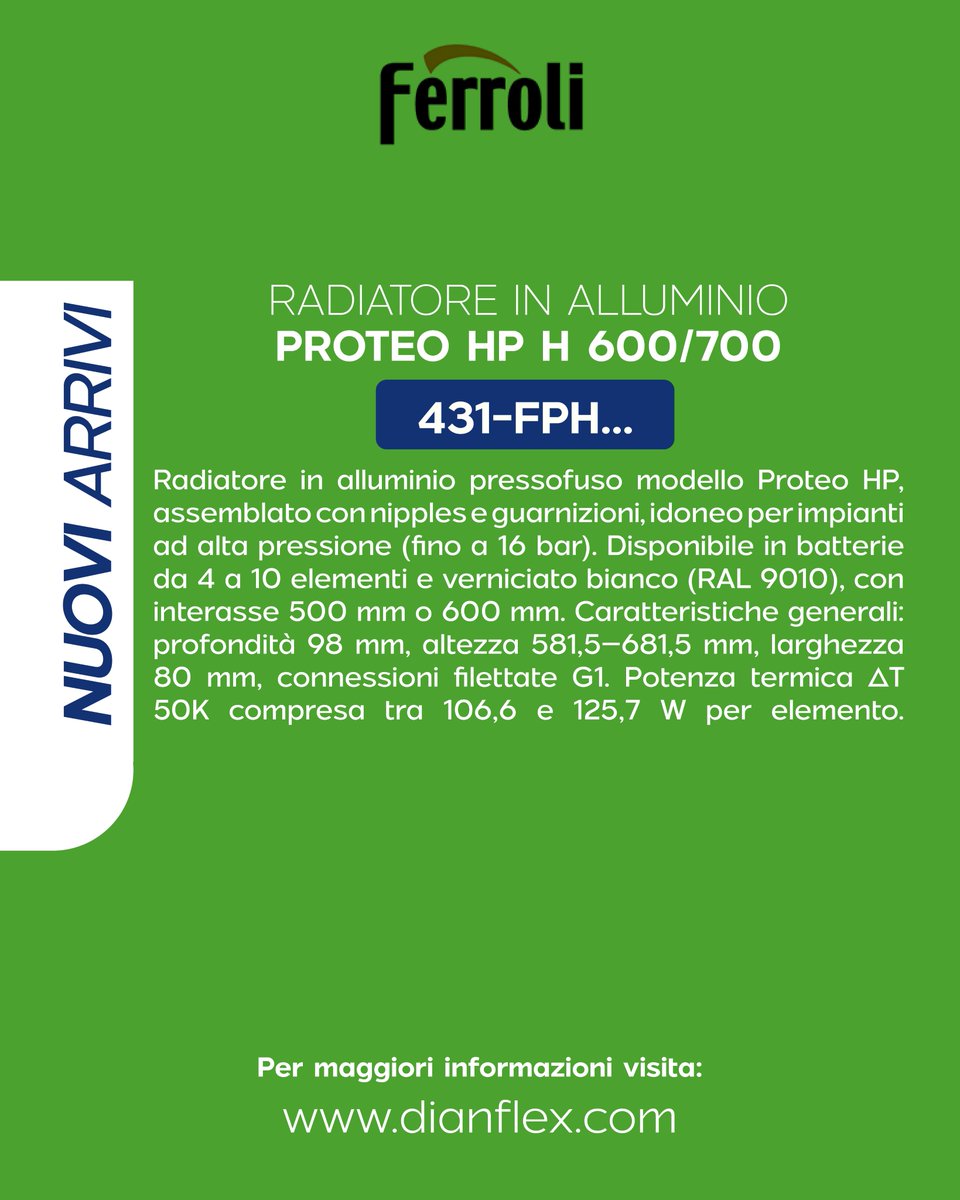 DianflexC's tweet photo. Radiatori in alluminio Proteo e Proteo HP by Ferroli: alta efficienza, resistenza e prestazioni elevate per ogni impianto. 🔥

▪️ 431-FPH H 600/700
▪️ 431-FPR H 800/900

🔗 https://t.co/r6pKGSDj2z
~
~
~
~
#DianFlex #Ferroli #Radiatori https://t.co/BE0XSwC3xF