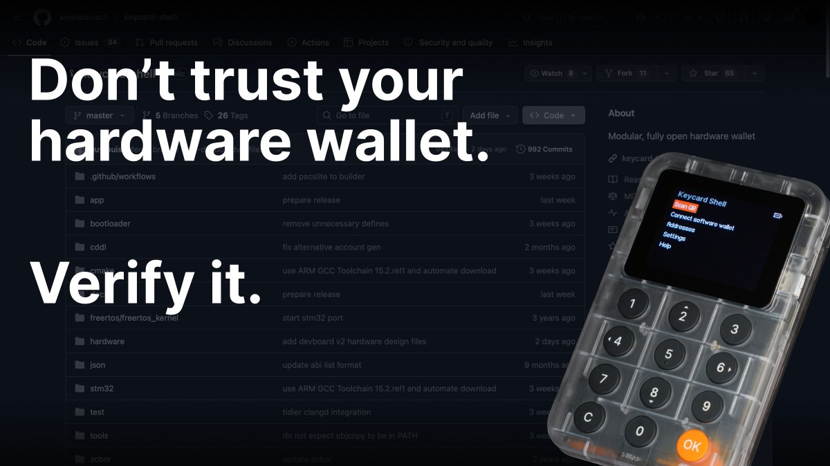 Keycard_'s tweet photo. Your wallet says it's secure. Can you prove it?

Keycard Shell is the first fully modular and open-source hardware wallet: every line of code is public. 

No black boxes.  No trust required.

EAL6+ security. Works with MetaMask, Sparrow &amp; more. 

Get your starter kit today.