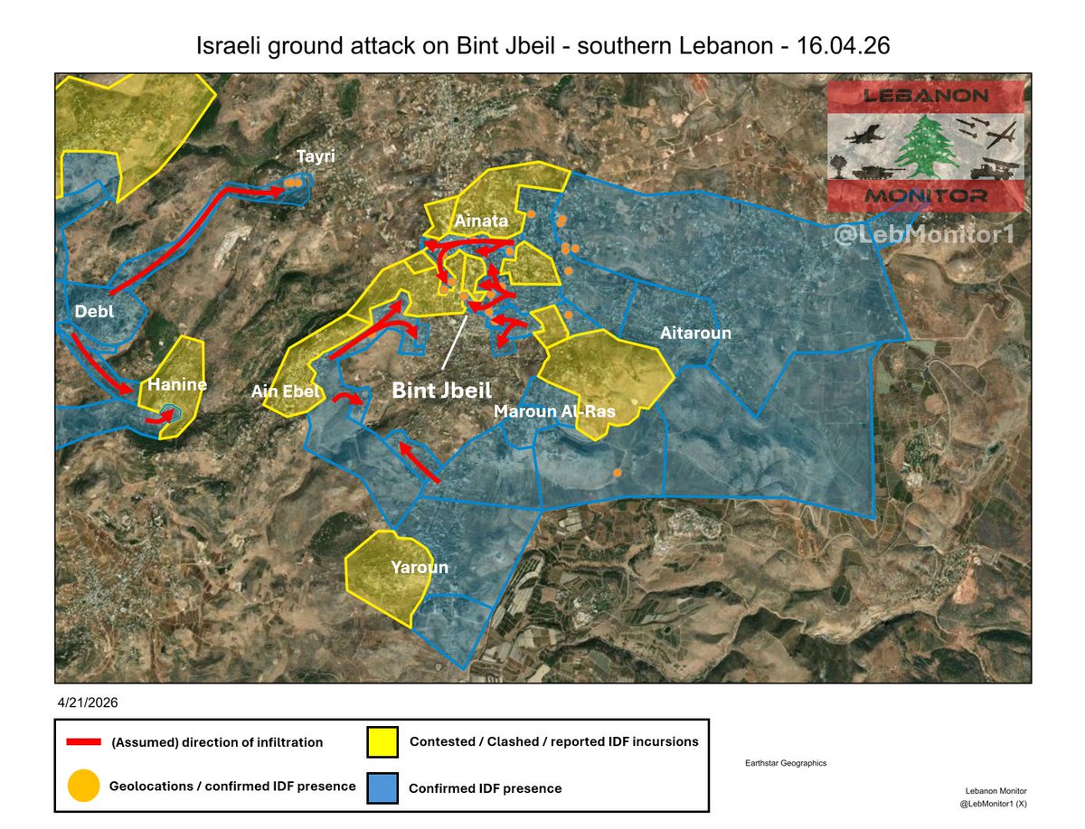 LebMonitor1's tweet photo. Israeli ground operations in southern Lebanon: Bint Jbeil - 16.04.26 (pre ceasefire)

Between April 10 and April 16, Israeli forces continued their siege and attack on Bint Jbeil.
After assessing various reports, geolocations, and Sentinel 2 satellite imagery, this is the final snapshot of Bint Jbeil before the ceasefire:

- New IDF ground activity is visible in neighbourhoods on the northern and eastern parts of the city, as well as on the western and southwestern outskirts (around Ain Ebel).
- Additional ground activity from the direction of Debl towards Hanine.
- Israeli forces also advanced towards Tayri, a town northwest of Bint Jbeil.
- On Sentinel 2 satellite imagery, enormous damage is visible throughout the area.

While satellite imagery shows massive destruction in the area, this does not directly confirm ground activity or control. In this case, the confirmation methods for ground activity used in the map are newly paved roads or newly dug up soil visible in the area, as well as geolocated evidence.