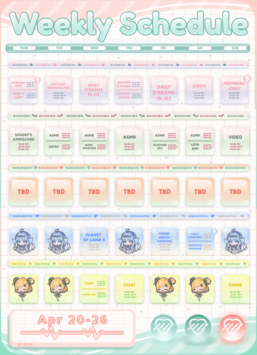 VirtualDere's tweet photo. 【💗WEEKLY SCHEDULE APR 20-26💗】

All the girls are doing their best this week! Did you know that Hani is back from her vacation? 🌻 🐹 
Come check out her first streams back home! Also, Airi is doing a lot of ASMR this week! 💚 

V-Dere... BEAM!!! 🩷🧡💛💚💙 https://t.co/8f59XszGJu