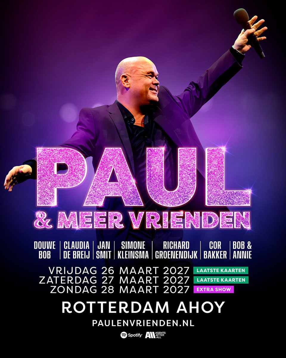 AgentsAfterAll's tweet photo. Goed nieuws: er is een derde ‘Paul &amp; Meer Vrienden’ show aangekondigd. Vier Eerste Paasdag (zondagmiddag 28 maart 2027) samen met Paul de Leeuw en zijn muzikale vrienden in Rotterdam Ahoy. Paul zorgt voor de muziek en de eieren 🐣 
Tickets via https://t.co/bVQ7VpHzYm https://t.co/WxSU3DI2V0