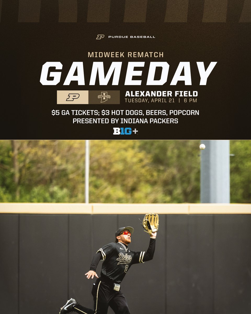 PurdueBaseball's tweet photo. Wabash River Rivalry Rematch as #Purdue goes for its 10th win of the month on another elite evening at Alexander. #LongLiveSpring 

🚂 🆚 🌳
🕕 6 PM
🌞 75 Degrees at 1st Pitch
✅ $3 🍺🌭🍿
🎟️ $5 GA Tickets; Free for @LifeAtPurdue Students
🔊 PurdueSports App &amp; Website
📺 B1G+ https://t.co/wQ6DkCDmPd