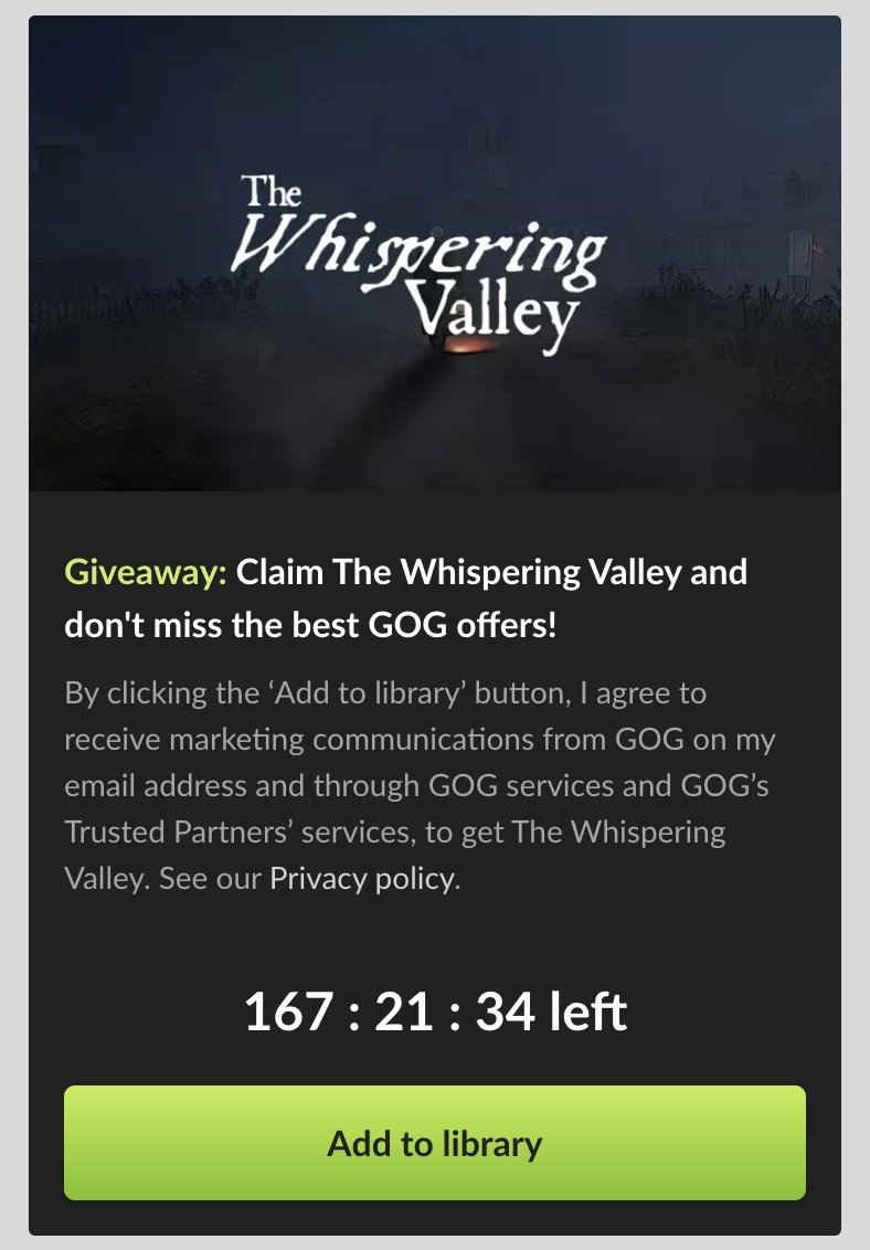 svarioken's tweet image. 👾 Su GOG, The Whispering Valley (DRM Free) gratuito. 

• is.gd/3kdMYo

Per riscattare, trovi il box in home page.

Oppure, da già loggato, clicka qui:
• is.gd/5btdFW

#pc #gratis