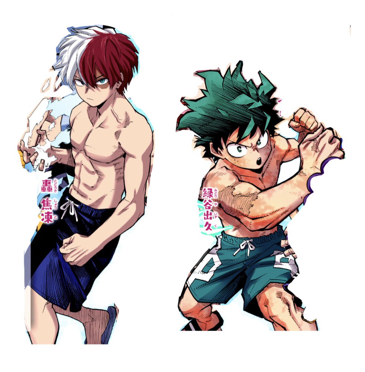 Volume 38 character introduction official color version. Blue &amp; green bathing suits that match their hero suits! #tddk