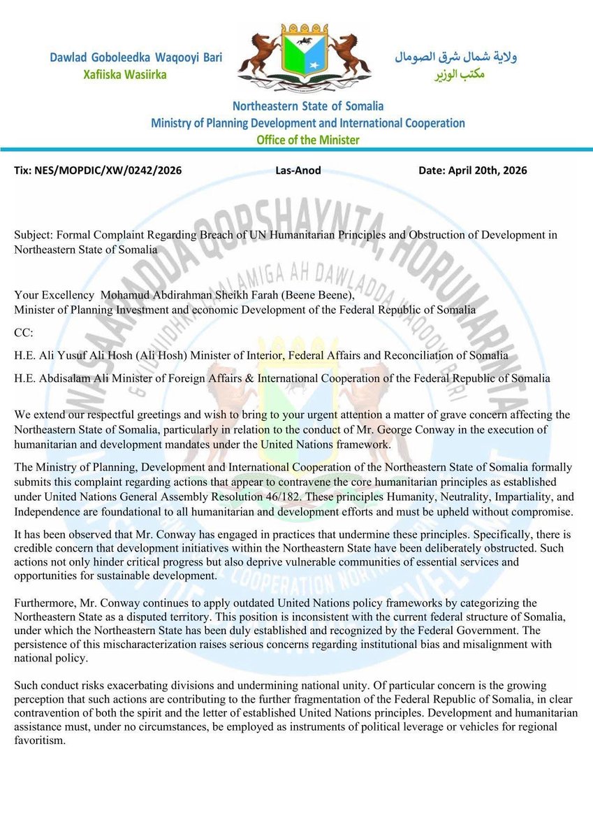 YonisYasin1's tweet image. #BREAKINGNEWS North East state has complained that 
 George Conway, the Deputy Special Representative of the Secretary-General and Humanitarian Coordinator, has denied the existence of the NE state and has become an obstacle to the development and rights of this new state.