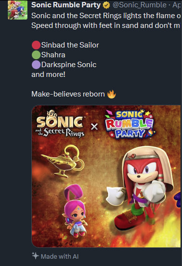 SonicHuman94's tweet photo. Sonic Rumble is AI trash and it was obvious from the very first render they've shown.
Shadow Gens had AI concept art and it flew under the radar. I think we should be more vocal about this :) https://t.co/0IfFvgDWgZ