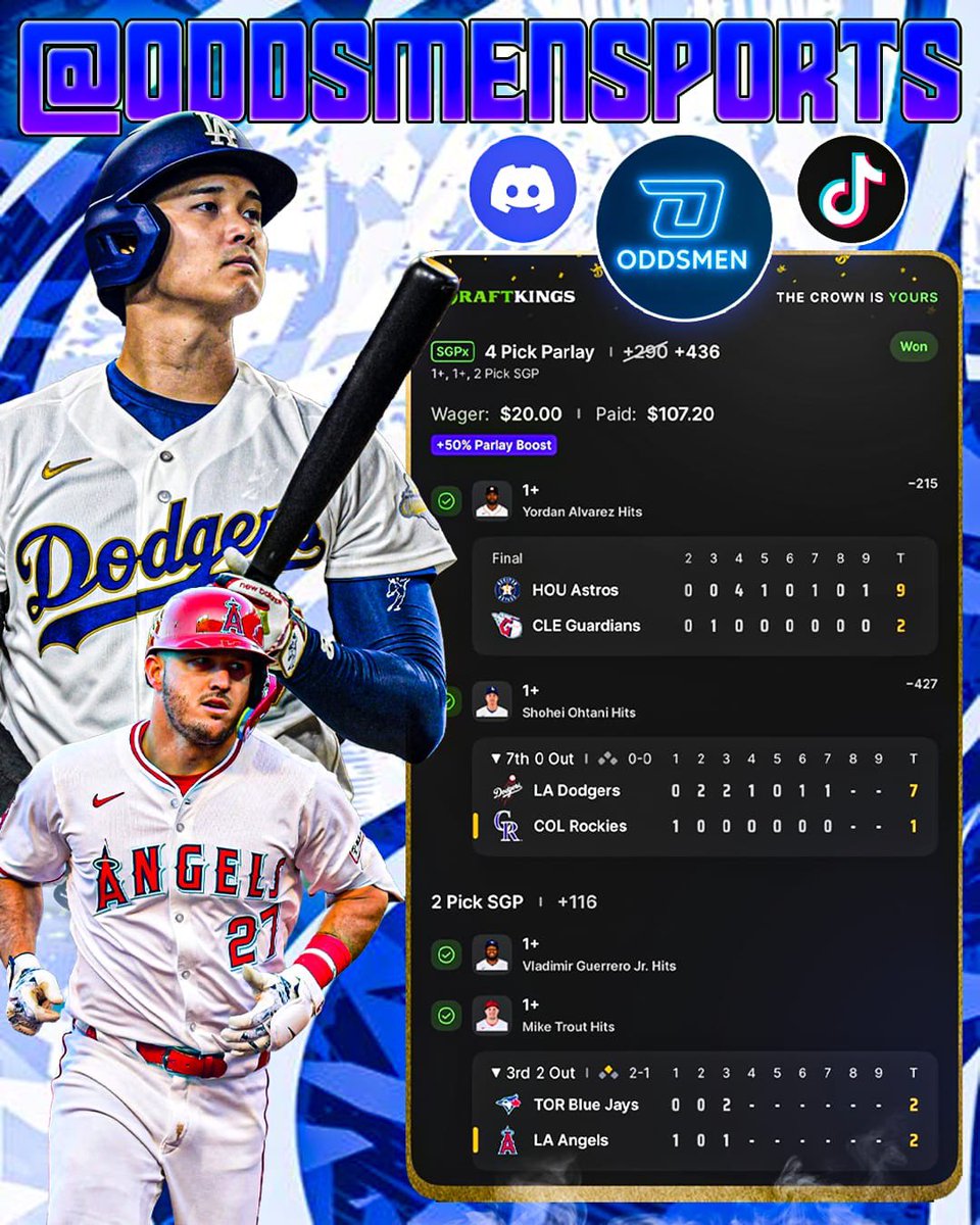FREE PLAY CASH 💰

4-leg SGPx + boost = EASY BAG
$20 ➝ $107.20

Yordan ✅
Ohtani ✅
Vladdy ✅
Trout ✅

light work… if you tailed you already know 🤝
who’s riding the next one? 👀