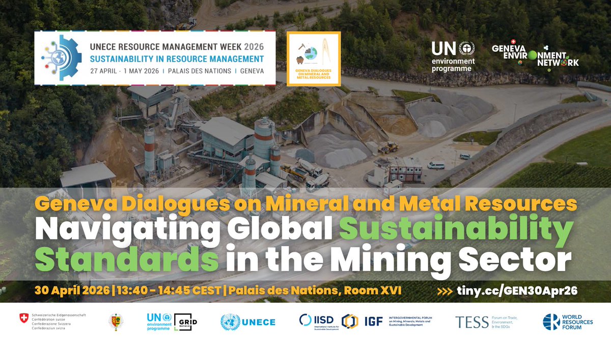 GENetwork's tweet image. As part of #GENeva Dialogues on Minerals &amp;amp; Metals, this @UNECE Resource Management Week side event will discuss findings of the Stocktake Report on Sustainability Standards &amp;amp; Initiatives, which navigates the evolving landscape.

🗓️ 30 April, 13:40 CEST
▶️ tiny.cc/GEN30Apr26