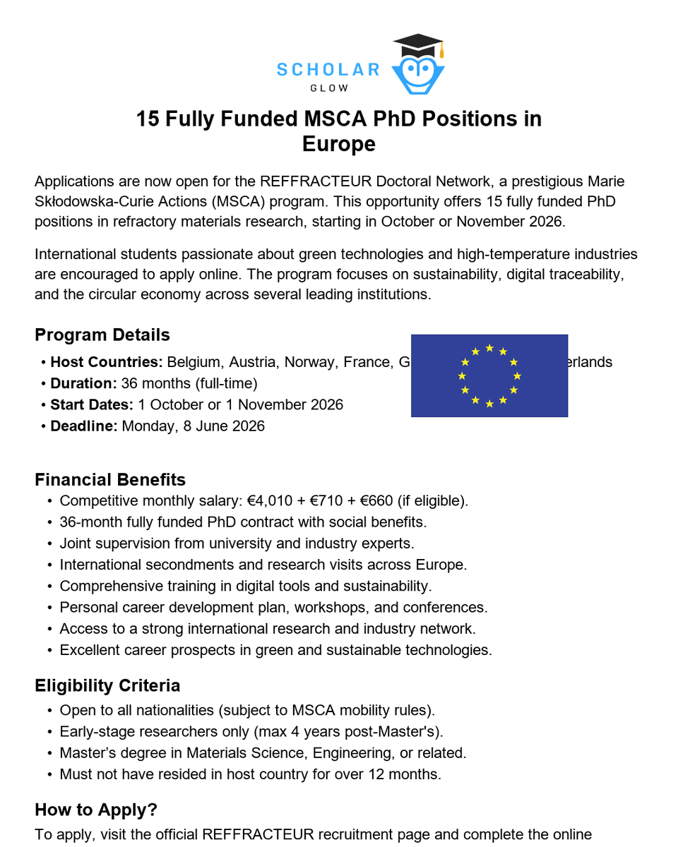 scholarglow's tweet image. 🇪🇺🚀 15 Fully Funded MSCA PhD Positions in Europe

📅 Start: October or November 2026
⏳ Deadline: 8 June 2026

More details:
scholarglow.com/15-fully-funde…

#PhD #FullyFunded #Research #Sustainability #Scholarship #MSCA