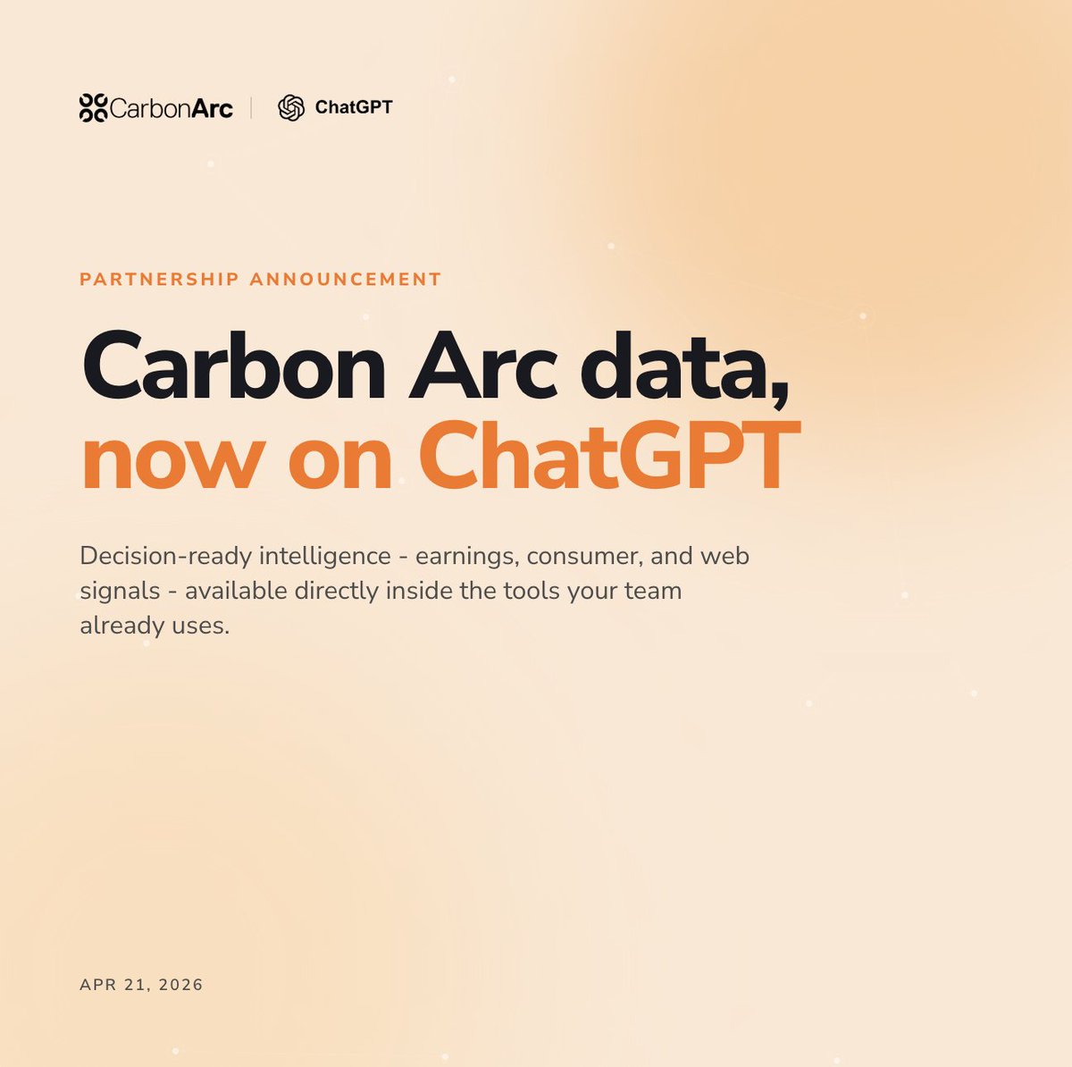 𝗖𝗮𝗿𝗯𝗼𝗻 𝗔𝗿𝗰'𝘀 𝗠𝗖𝗣 𝗦𝗲𝗿𝘃𝗲𝗿 𝗶𝘀 𝗻𝗼𝘄 𝗹𝗶𝘀𝘁𝗲𝗱 𝗼𝗻 𝗖𝗵𝗮𝘁𝗚𝗣𝗧’𝘀 𝗔𝗽𝗽 𝗗𝗶𝗿𝗲𝗰𝘁𝗼𝗿𝘆.

Search "Carbon Arc" under "Apps" and start querying real consumer transaction data - credit card spend, foot traffic, payroll signals, and more - directly inside