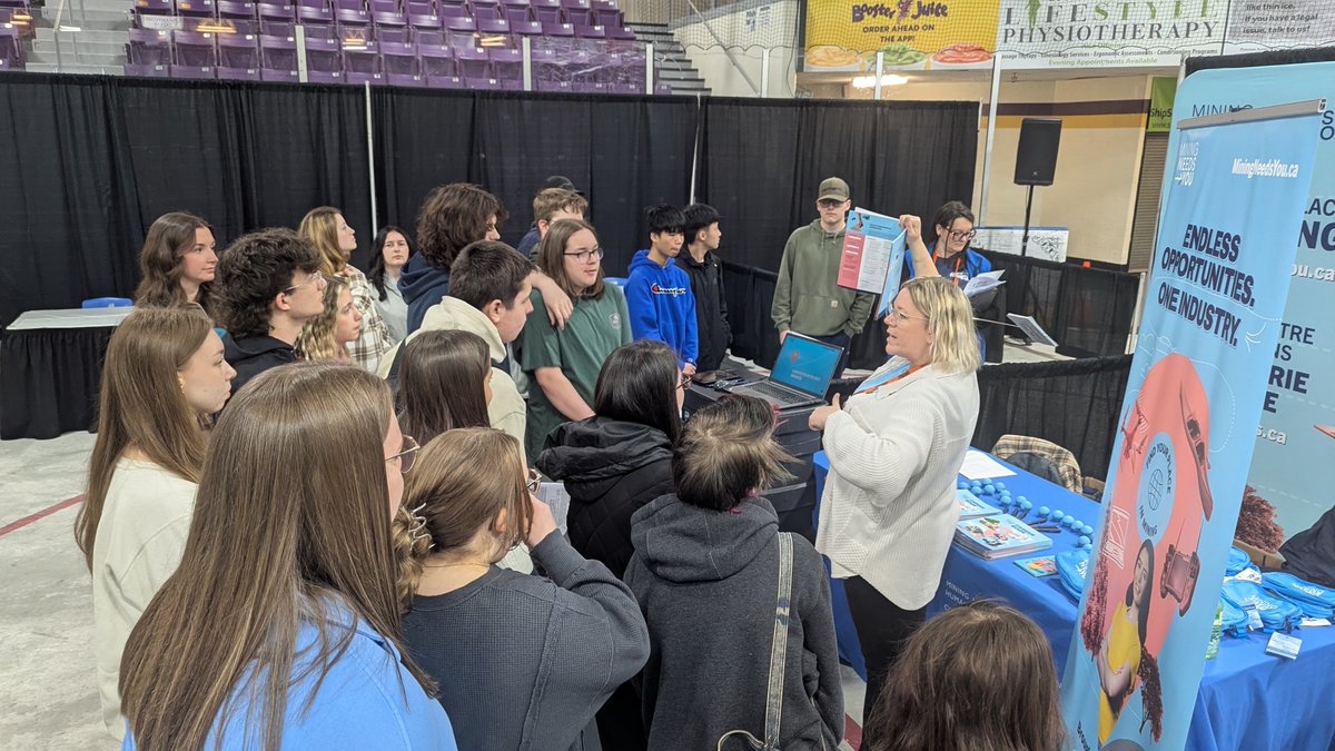 MiHRCouncil's tweet photo. MiHR is happy to be at Central MinEx's Student Discovery Day in Gander, Newfoundland. Local schools have brought their students to tour the trade show, and we're sharing mining industry info and resources with the miners of the future! #MiningNeedsYou https://t.co/fyaJJkGkg7