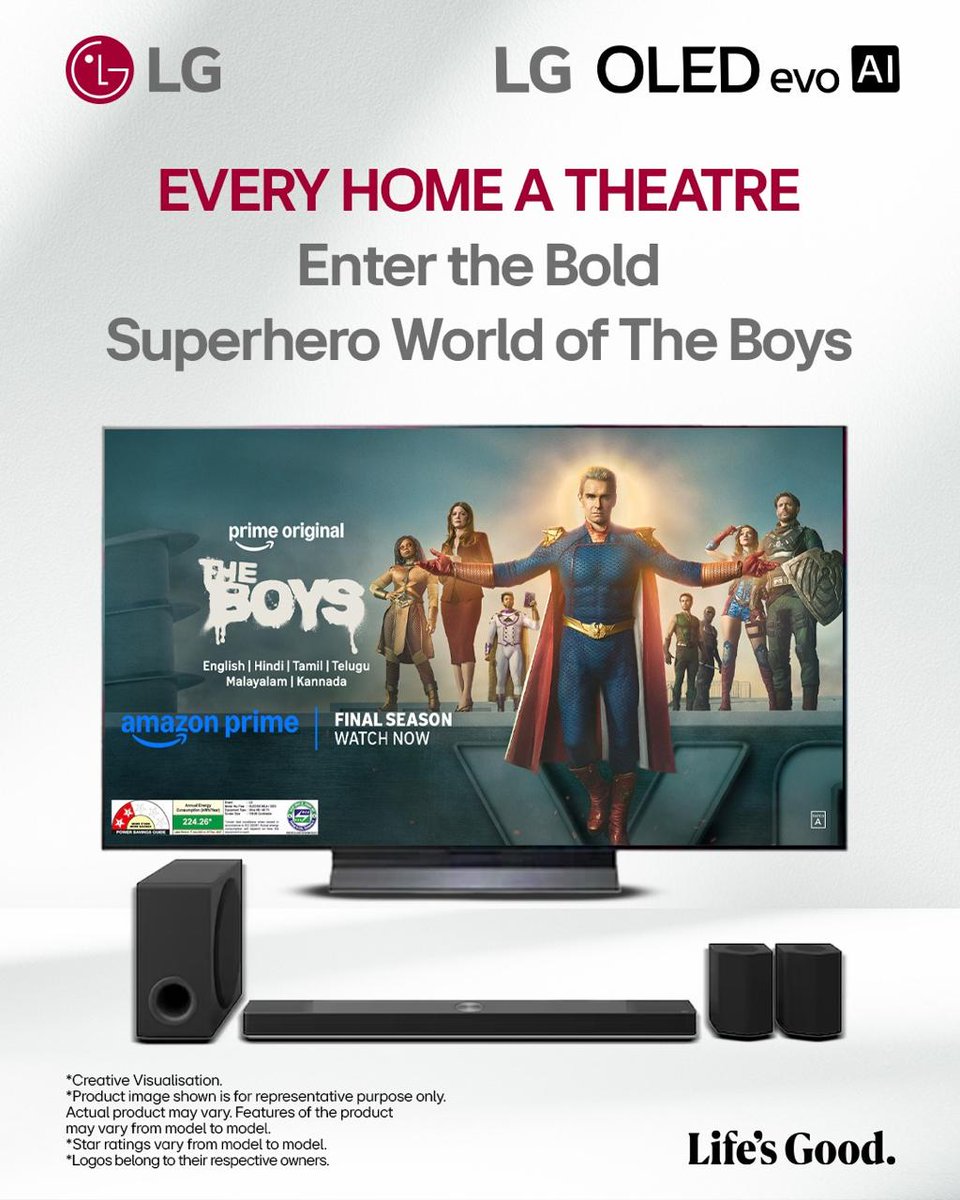 LGIndia's tweet image. Watch The Boys on Prime Video, best experienced on LG AI TVs paired with LG Soundbars for a truly immersive, edge-of-your-seat cinematic experience.

Know more: bit.ly/4kXoEhm

@PrimeVideo 

#LG #LGIndia #TheBoysOnPrime #PrimeVideo #HomeTheaterSoundbar