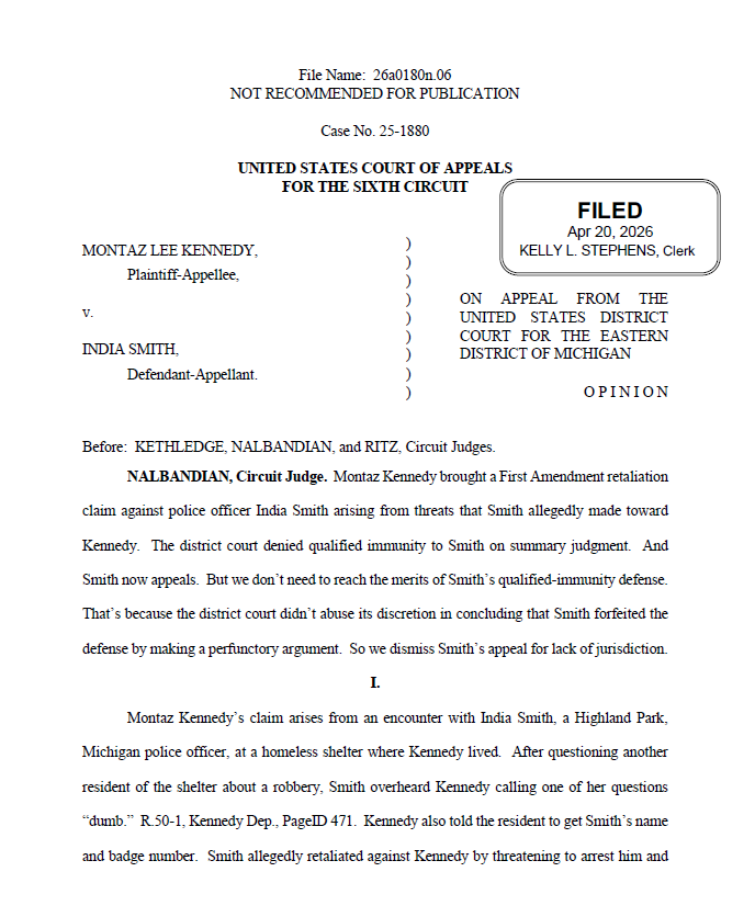 pjaicomo's tweet photo. In an unpublished decision, Kennedy v. Smith, Judge Nalbandian says the 6th Cir. won't make qualified immunity arguments for gov't officials.

Kennedy shows the folly of SCOTUS making QI immediately appealable in Mitchell v. Forsyth.

These appeals waste time and resources.